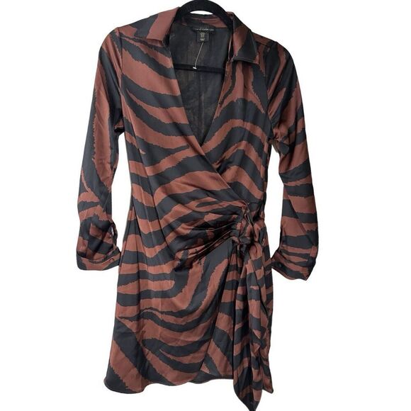 House of Harlow 1960 Mini Dress Collared   Animal Print Side Tie Faux Wrap Sz XS - Picture 5 of 7